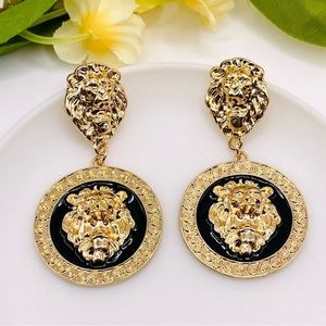 Versace Inspired Lion Leo Earrings New Gold Black Tone Vintage Style Embossed